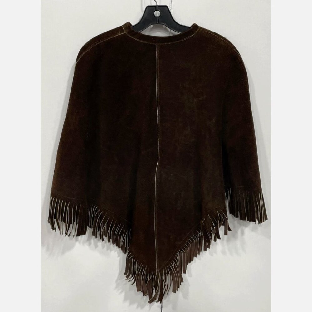 Vintage 70s Brown Suede Leather Fringe Poncho Cape Western Boho Hippie Beaded - Picture 5 of 7